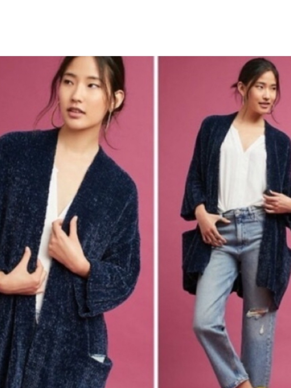 Moth Cozy Open-Front Navy Chenille Cardigan